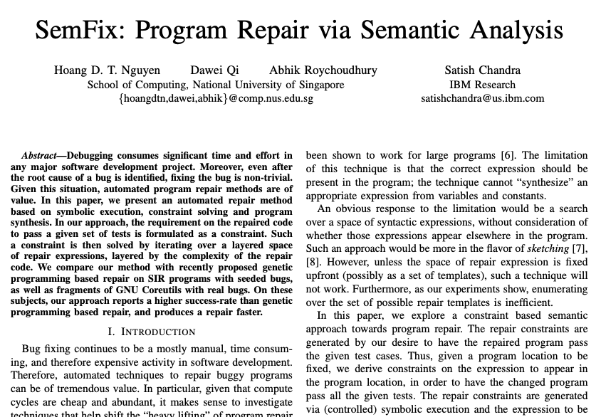 SemFix: Program Repair via Semantic Analysis